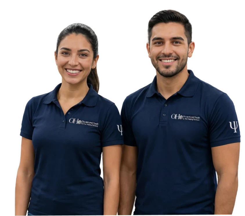 Especialistas de Occupational Health, hombre y mujer, uniformados con polo azul marino de la marca