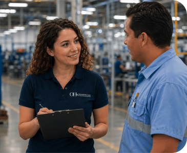 Consultora de Occupational Health conversando con trabajador en planta industrial