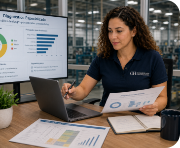 Consultora revisando diagnóstico de riesgos psicosociales en laptop