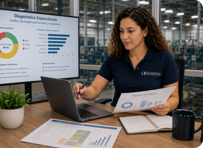 Consultora de Occupational Health revisando en laptop un diagnóstico especializado de riesgos psicosociales, con gráficas de nivel de riesgo y áreas de atención en pantalla