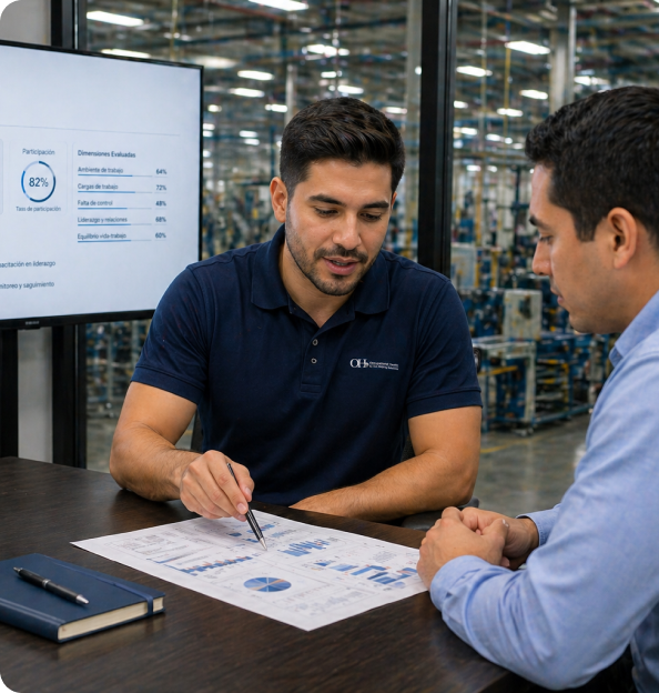 Especialista de Occupational Health explicando a un cliente los resultados de una encuesta de clima laboral, con tasa de participación del 82% y dimensiones evaluadas en pantalla