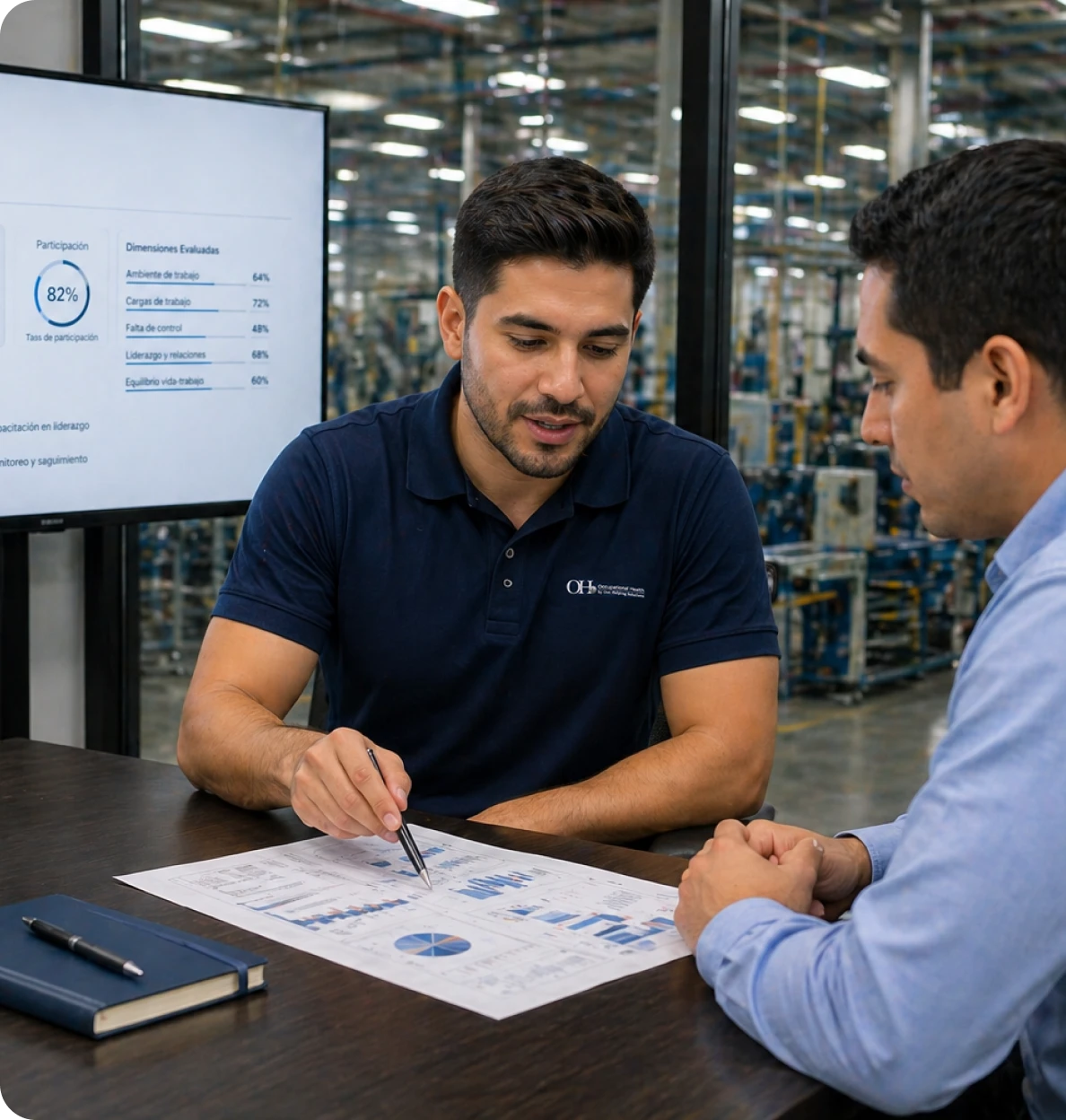Especialista de Occupational Health explicando a un cliente los resultados de una encuesta de clima laboral, con tasa de participación del 82% y dimensiones evaluadas en pantalla